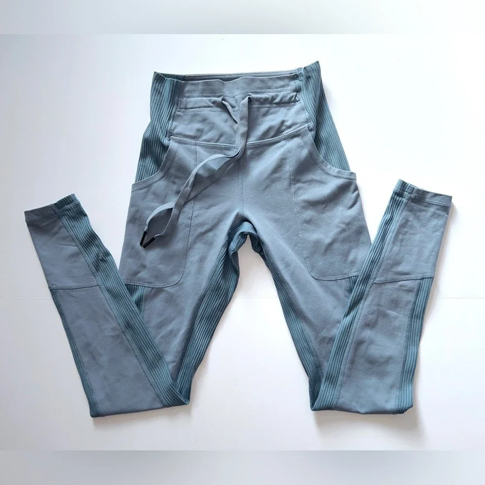 Glyder XS High-Waisted‎ Ice Blue Shape Leggings Joggers Pockets Ribbed Panels